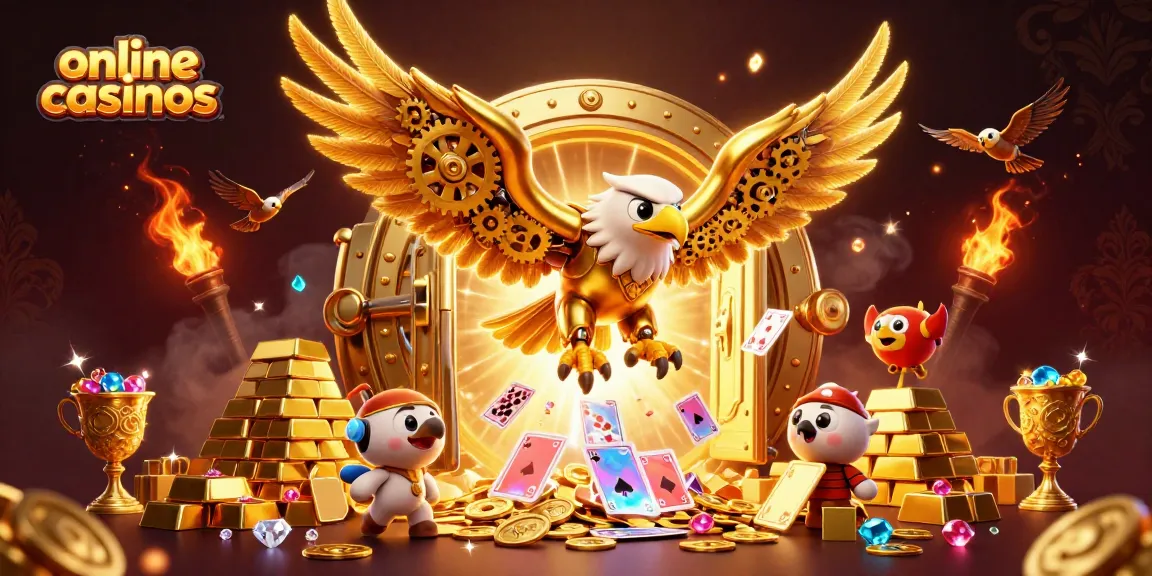 Experience thrilling online casinos with a cybernetic eagle diving through holographic cards.