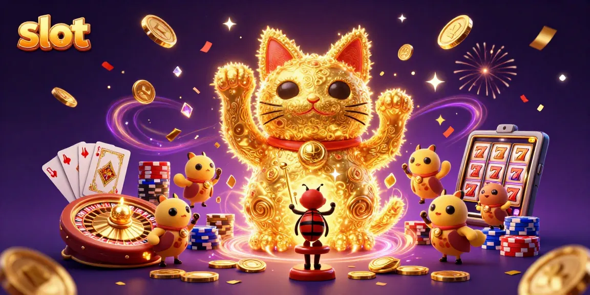 Slot online menampilkan kucing keberuntungan dengan simbol kasino, koin emas, dan berlian menyebar.