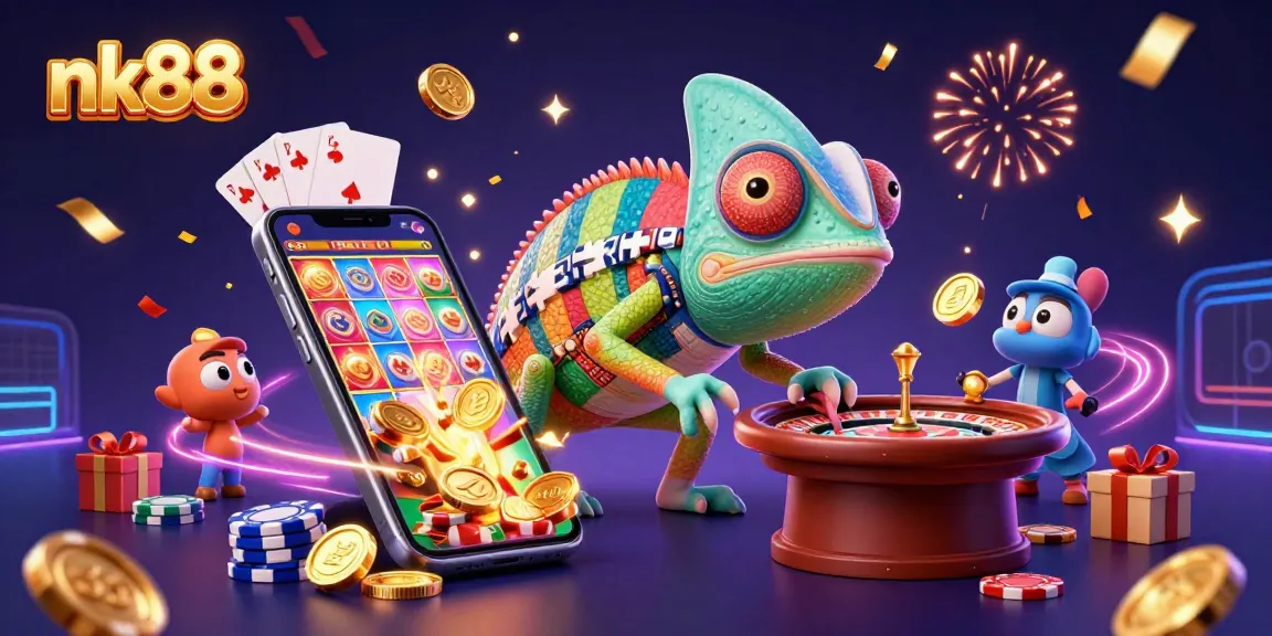 Experience thrilling action and wins at nk88 with a vibrant 3D illustration of casino excitement.