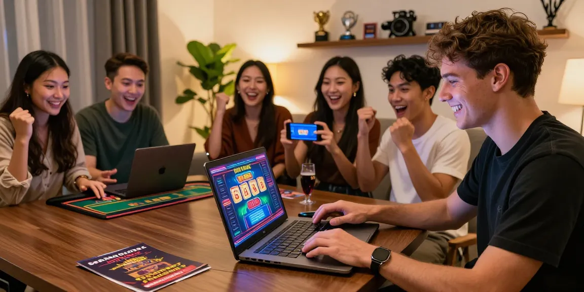 Best online casinos scene with players enjoying pokies and live dealer games in a modern living room.