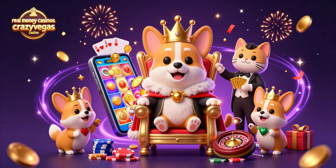 Experience the excitement of real money casinos at crazyvegas casino with vibrant casino-themed elements and characters.