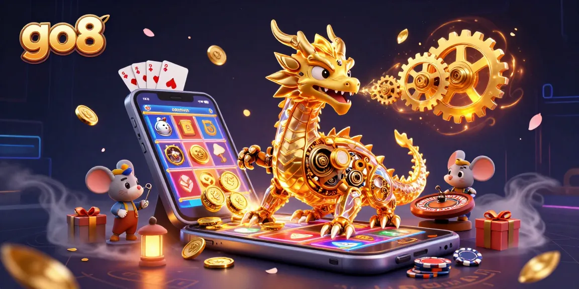 Engage in thrilling gaming at go8 as a golden dragon breathes riches amidst vibrant slot games and golden coins.