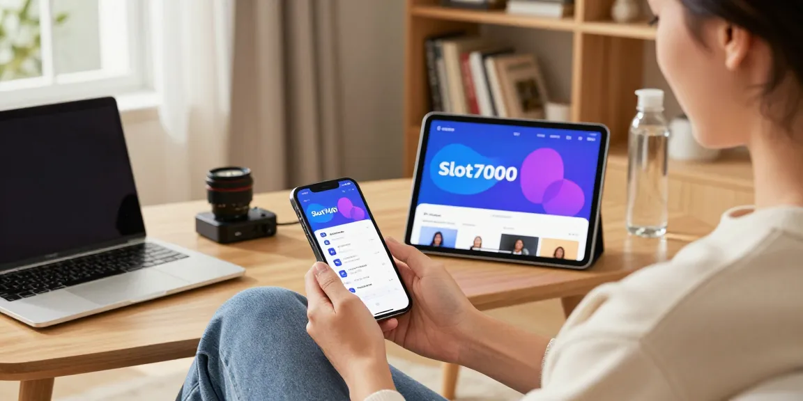 Explore the Slot7000 app on a smartphone and tablet showcasing modern design in a cozy living room.
