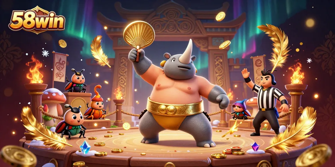 Experience thrilling action at 58win as our sumo champion beetle stomps coins in a dynamic casino scene.