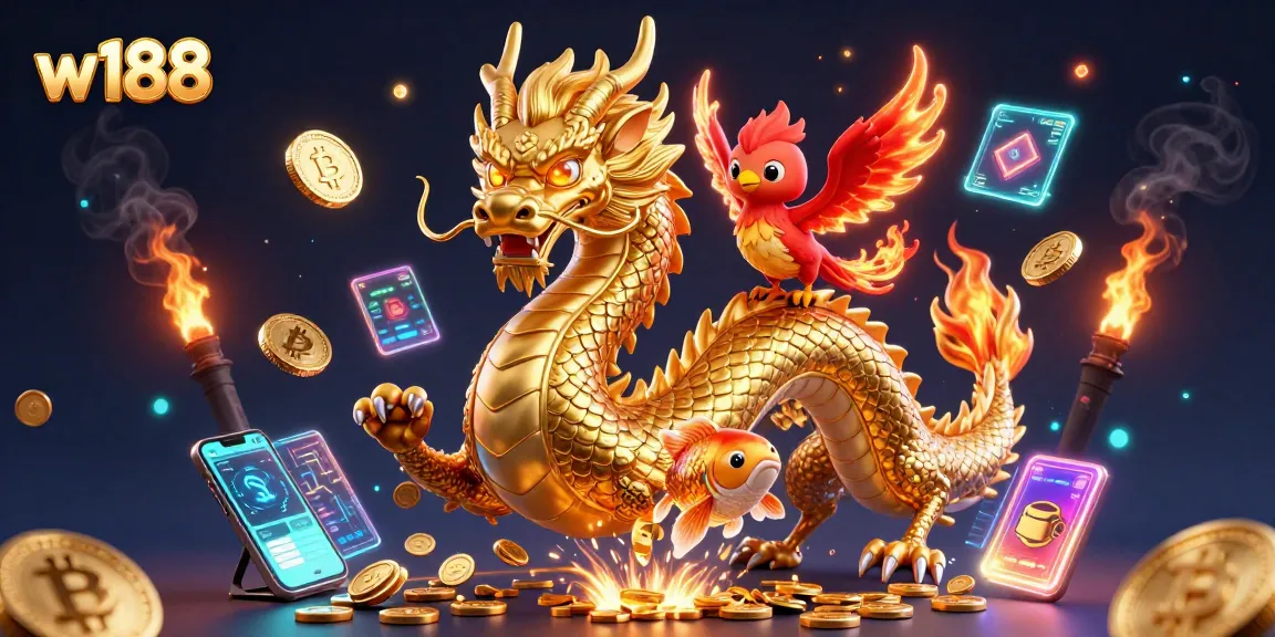W188 players experience thrilling gameplay featuring a golden dragon, phoenix, and koi fish amidst glowing coins.