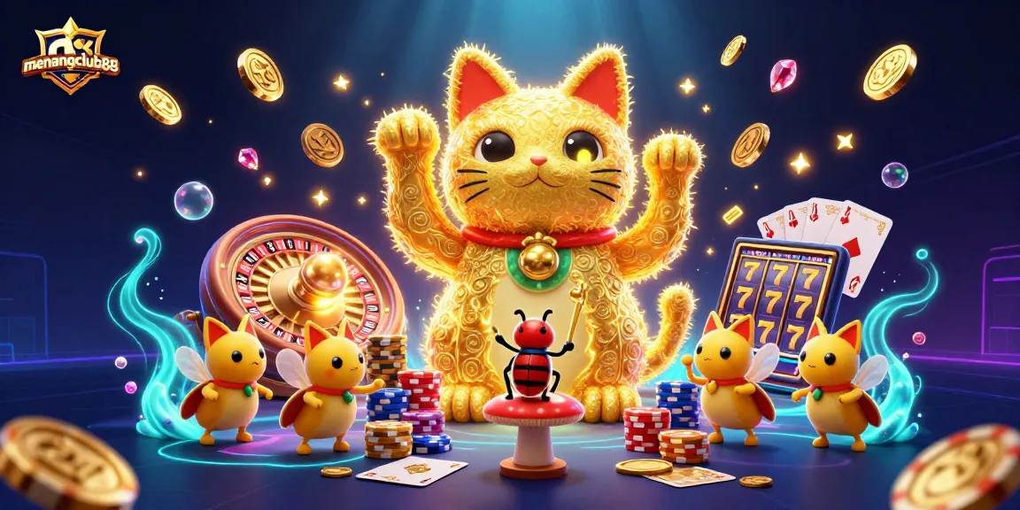 Experience the thrill of menangclub88 with a lively 3D illustration showcasing a giant lucky cat and swirling casino symbols.